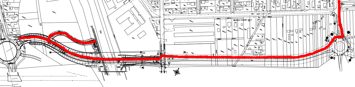 Fejlesztés Jelen változatban a kerékpárút fejlesztés az B változatban szereplő tervezett útszakasz szelvényezés szerinti bal oldalán halad a Dózsa György úti tervezett körforgalmú csomópontig.