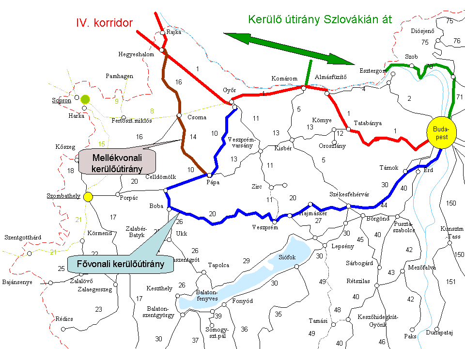 A IV. korridor dunántúli ágán a forgalmi zavar esetén javasolt kerülőútirányokat a 8. sz.