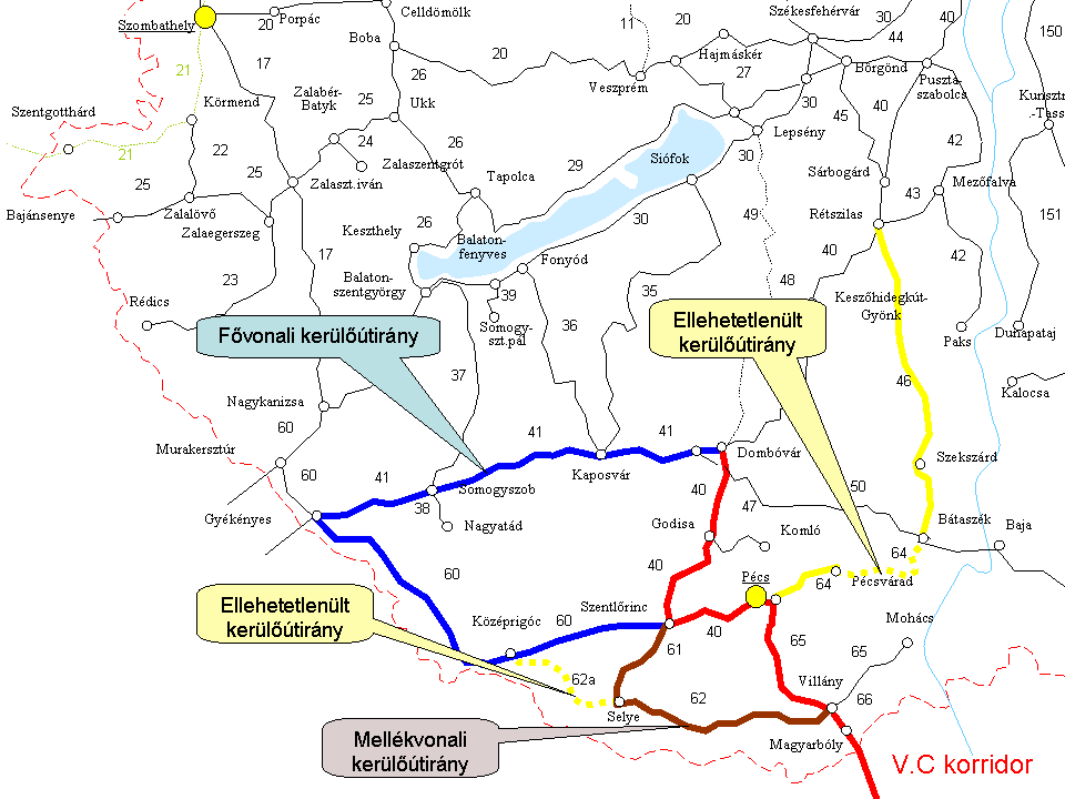 13. sz. ábra A Dombóvár Pécs vonal potenciális kerülőútirányai forgalmi zavar esetén 5.1.5.X/B.