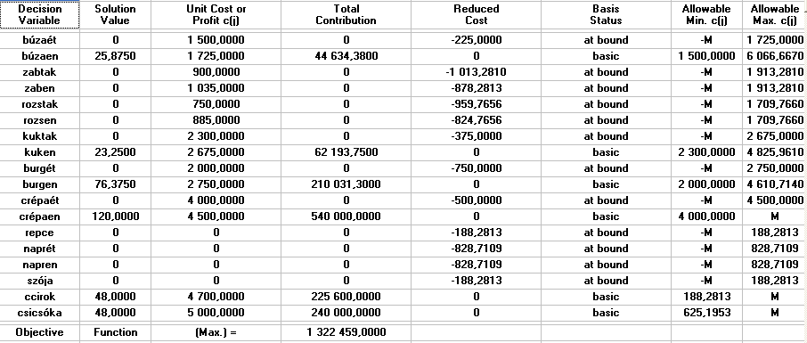 M6. 5/a táblázat Optimális megoldás a bioetanol mennyiségének maimálása mellett a csicsóka és a