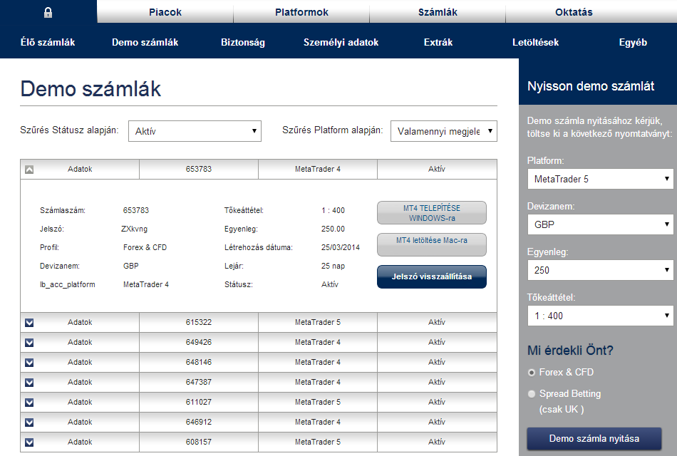 A regisztráció befejezése után be lesz jelentkezve a Personal Area felületre, ahol a Nyisson demo számlát pontra kattintva hozhat létre demo számlát, melynek paramétereit a jobb oldalon választhatja