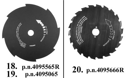 Multiline pea ø 2,75 /73 mm 6 ruutläbilõikelist jõhvi, külg 3 mm 9. Multiline pea ø 3,15 /80 mm 8 ruutläbilõikelist jõhvi, külg 3.5 mm 11. Muru lõiketera ø 10 /255 mm, paksus 1,6 mm 12.