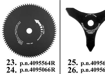 3 dantukų nailoniniai ašmenys ø 10 /255 mm 5. Pro Trim Professional 3 ašmenų diskas ø 12"/315 mm Tap and go 7. Tap and go galvutė ø 130 mm 2 nailoninės virvės ø A Tap and go 3 mm 7A.