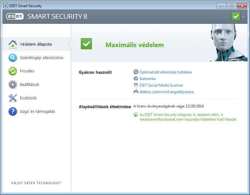 Az ESET Smart Security indítása Az ESET Smart Security már közvetlenül a telepítés után biztosítja számítógépe védelmét. A program indításához nem kell megnyitnia azt.