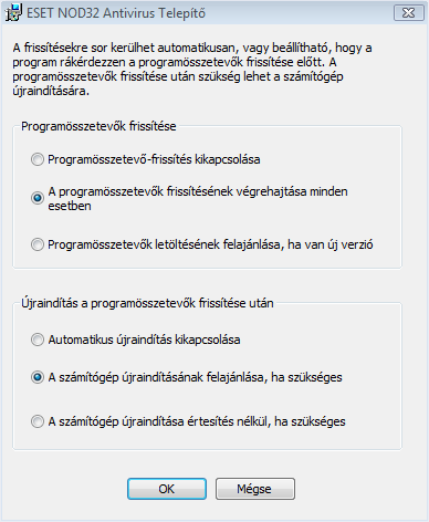 Ha szeretné, hogy a programösszetevôk automatikusan frissítésre kerüljenek, válassza a Programösszetevôk frissítésének végrehajtása minden esetben opciót.