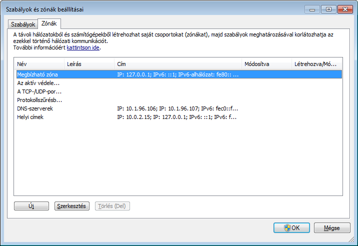 4.2.4 Zónák konfigurálása A Zóna beállításai párbeszédpanelen megadhatja egy zóna nevét, leírását, hálózati címeinek listáját és a zónahitelesítési adatokat (erről a Zónahitelesítés