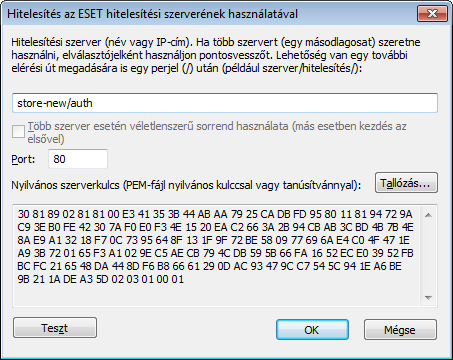 1) Az ESET hitelesítési szerverének használata Kattintson a Beállítások gombra, és adja meg a szerver nevét és figyelőportját, valamint a titkos szerverkulcsnak megfelelő nyilvános kulcsot (erről