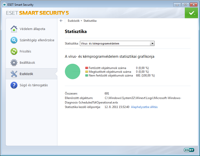 4.6.3 Védelem statisztikája Ha meg szeretné tekinteni az ESET Smart Security védelmi moduljaival kapcsolatos statisztikai adatokat megjelenítő grafikont, az Eszközök lapon válassza a Védelem