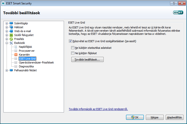 Az ESET Live Grid beállításai széles körű paraméterezési lehetőséget kínálnak a gyanús fájlokat és a névtelen statisztikai adatokat az ESET laborjába küldő ESET Live Grid engedélyezésére és