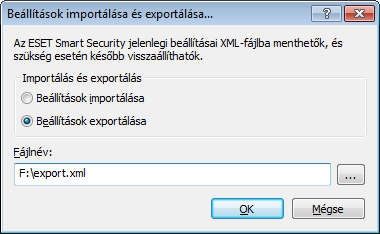 5.2 Beállítások importálása és exportálása Az ESET Smart Security konfigurációinak importálására és beállítására a Beállítások lapon van lehetőség. Az importálás és az exportálás egyaránt.