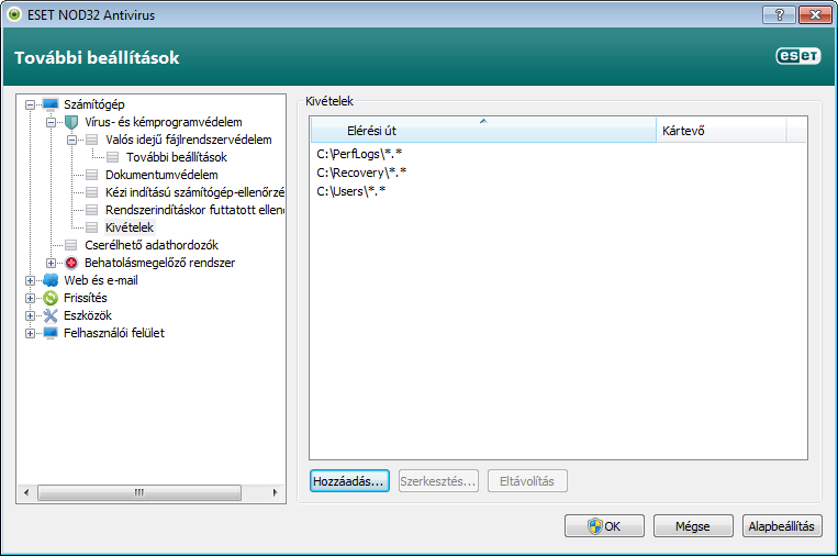 4.1.1.5 Kivételek Ebben a részben fájlokat és mappákat zárhat ki az ellenőrzésből.