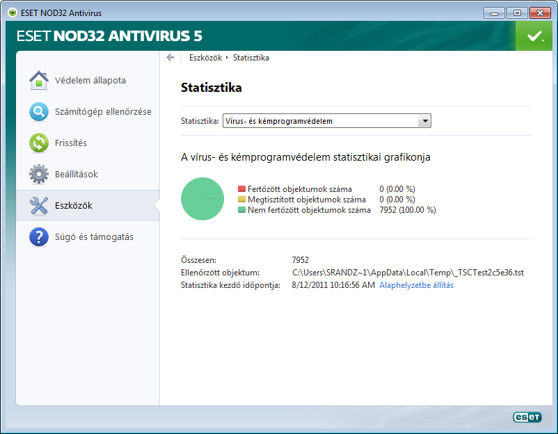 4.4.3 Védelem statisztikája Ha meg szeretné tekinteni az ESET NOD32 Antivirus védelmi moduljaival kapcsolatos statisztikai adatokat megjelenítő grafikont, az Eszközök lapon válassza a Védelem