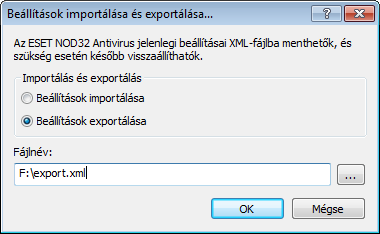 5.2 Beállítások importálása és exportálása Az ESET NOD32 Antivirus konfigurációinak importálására és beállítására a Beállítások lapon van lehetőség. Az importálás és az exportálás egyaránt.