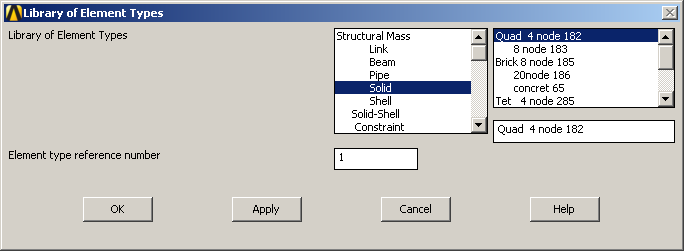 Adjuk meg a lemez vastagságát. Main Menu -> Preprocessor -> Real Constants -> Add/Edit/Delete / Add... Egy elemtípu van csak a PLANE182. válasszuk ki és OK.