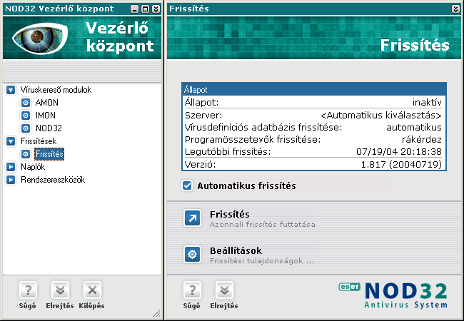 1. A vírus definíciós adatbázis frissítése A tálca jobb alsó sarkán található NOD32 ikon segítségével nyissa meg a Vezérlő központot. A Frissítések/Frissítés lapon nyomja meg a Frissítés gombot!