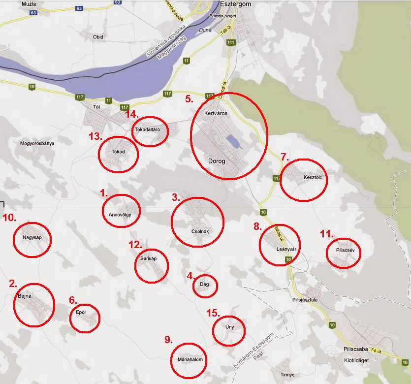 3-2. ábra: A dorogi kistérség települései Forrás: Google maps, saját szerkesztés, 2012. A térség közlekedés-földrajzi helyzete kedvező.