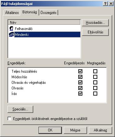 A (archive) archív fájl R (read only) csak olvasható fájl H (hidden) S (system) rejtett fájl az operációs rendszerhez tartozó fájl Ha a fájl vagy könyvtár NTFS fájlrendszert használó meghajtón