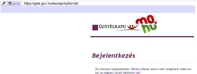 Az Ügyfélkapun történt sikeres belépés esetén rövid időre megjelenik ez a képernyő: Ezt követően az Ügyfélkapu átirányítja Önt az NRSZH