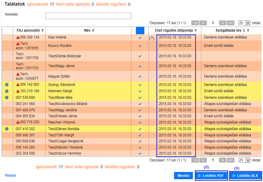 Kitöltődik a (7) Első rögzítés időpontja, és aktívvá válik a (8) Letöltés PDF és a (9) Letöltés XLS gomb.