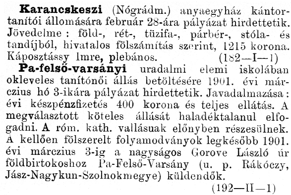 Álláshirdetések a Néptanítók Lapja 1901-es évfolyamából 42 A TANÍTÓ NEME A már többször idézett Wlassics-féle beszámoló szerint 1901-ben a néptanítók 78%-a férfi, 21%-a nő volt.