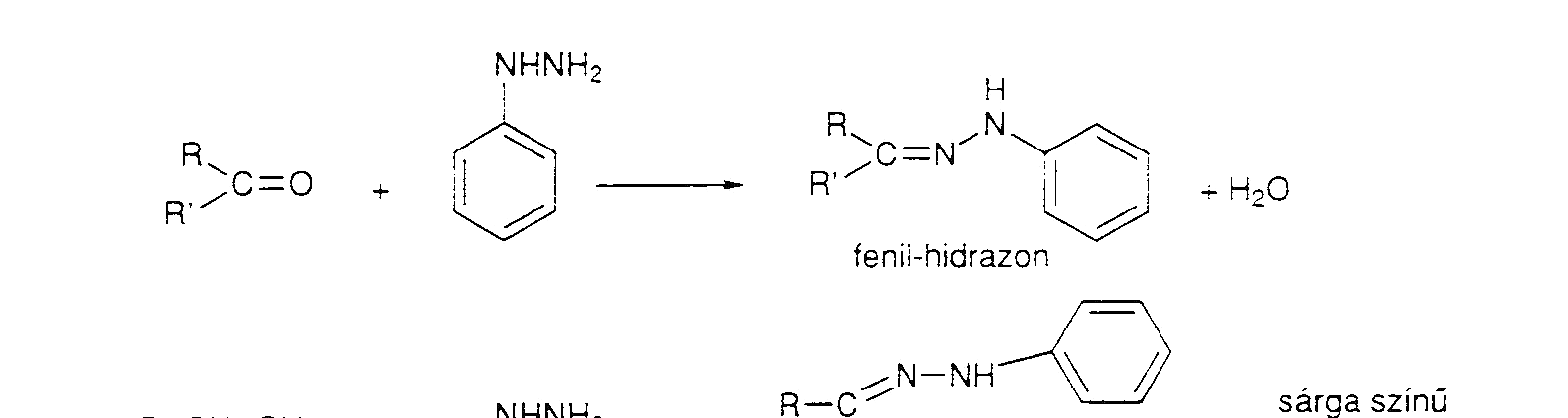Aldehidek, ketonok kimutatása fenil-hidrazon próbával Kísérlet: kémcsőben 0,5 cm 3 vagy 0,2-0,3 g mintát 2 cm 3 etanolban oldunk és az oldathoz 5 cm 3 fenil-hidrazin reagenst öntünk.
