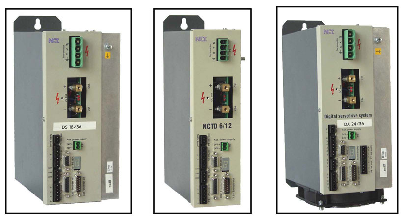 NCT szervoerősítők Az NCT hajtásrendszerek felépítése Az NCT hajtásrendszer egy tápegységből és tetszőleges számú szervoerősítőből és szervomotorból áll, minden szervoerősítőhöz egy motor csatlakozik.