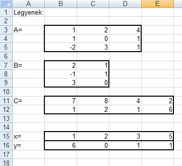 Feladatok 1. Transzponáld az A, B, C, y mátrixokat. 2. Számold ki az A mátrix determinánsát és inverzét. 3. Szorozd össze a mátrixokat 4. Add meg az x és y vektorok skaláris szorzatát. 5.