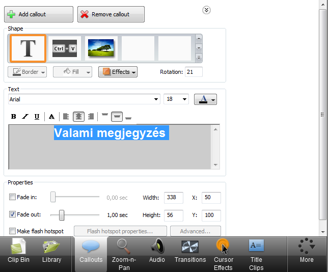 A menüszalag elemei: Gyűjtő terület Kész elemek könyvtára Szövegalakzatok hozzáadása Az alakzatok (Shape) listában találunk egyszerű szövegablakot is, melyben a karakter tulajdonságain kívül (típus,