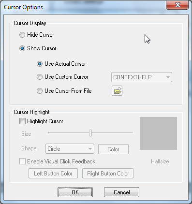 3. Options/Cursor Options A kurzor beállításának lehetőségei: Hide Cursor nem látható kurzor Show Cursor látható kurzor Use Actual Cursor aktuális kurzor használata Use Custom Cursor más kurzor