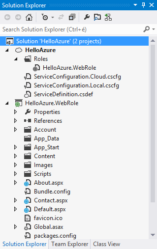 9. PaaS Felhőszolgáltatások Két projektet is láthatsz: 9-3 ábra: A HelloAzure alkalmazás projektjei Az első a HelloAzure nevű, amely mindössze néhány XML fájlt tartalmaz (.cscfg és.