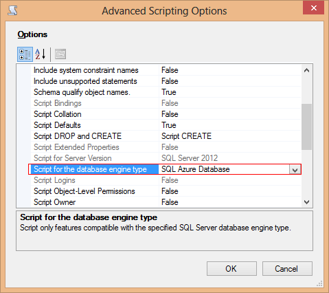 11. PaaS SQL szolgáltatások amelyek a Windows Azure-ban működő SQL adatbázisok esetén nem érhetők el. Kattints az OK gombra! 11-28 ábra: Advanced Scripting Options 6.
