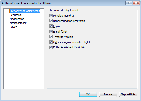 4.1.5 A ThreatSense keresőmotor beállításai A ThreatSense egy komplex, proaktív észlelési módszereket tartalmazó technológia neve, amely az új kártevők elterjedésének korai szakaszában is védelmet