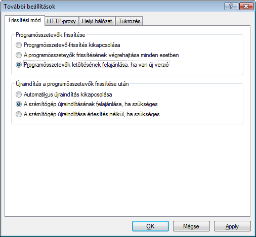 megtalálhatók a Frissítési mód, a HTTP-proxy, a Helyi hálózat és a Tükrözés beállításai. 4.4.1.2.