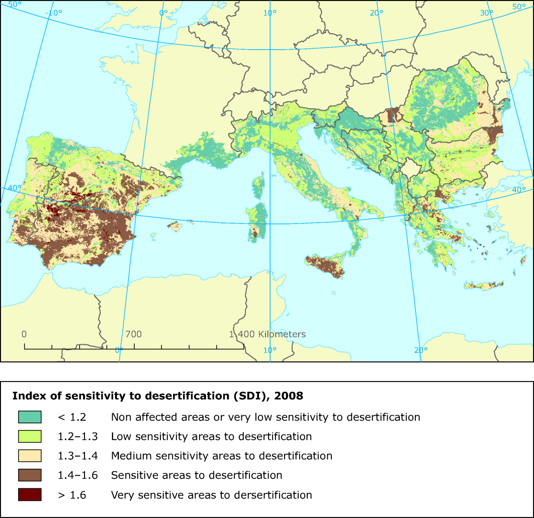 117. ábra Az SDI (elsivatagosodásra való érzékenység indexe) index értékeinek területi eloszlása (Forrás: www.eea.europa.