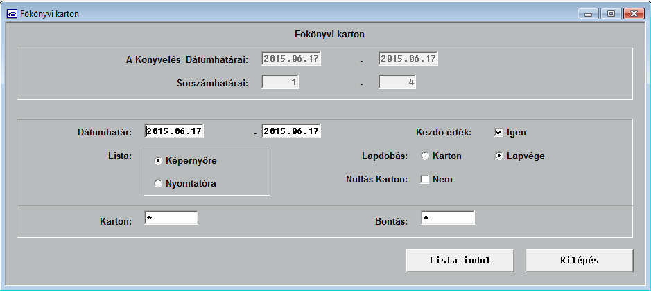 13.5. Főkönyvi karton (4) Csak kettős könyvvitel esetén használható! A képernyőn a következő funkciók állíthatók be: A gyűjtés dátumhatárainak beállítása. Nyitó egyenleg engedélyezése.