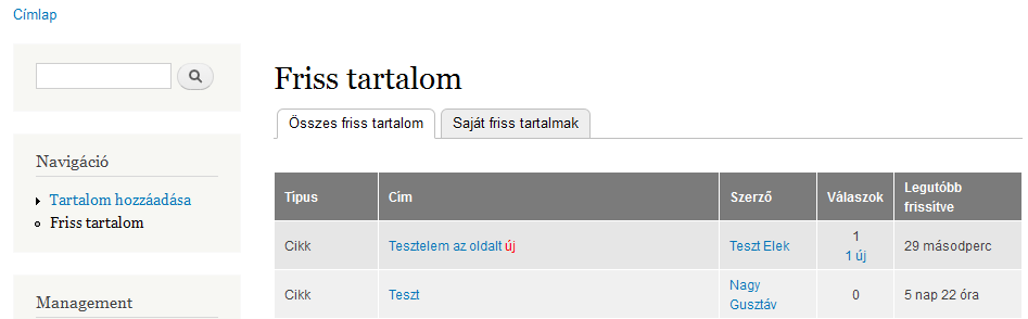 7.10. A Tracker modul 191. oldal 7.52. ábra. Friss tartalom követése A szerző a http://drupal.hu kezdőoldala helyett is a http://drupal.hu/tracker címet szokta megnézni.