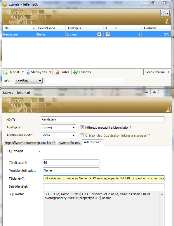 Ismerve, hogy a Rendszámok belső azonosítója Id= 2, az Adatforrás SQL szkript lapján az