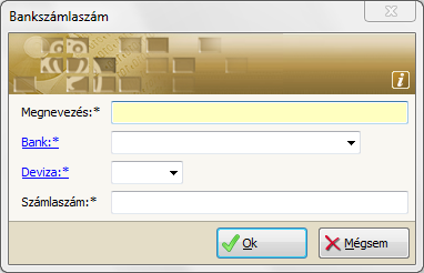 Megnevezés: A cég bankszámlaszámának szabadon választott megnevezése. Bank: Kiválasztás lenyíló menüből történik.