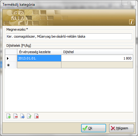 Egy új termékdíjtétel megnevezését és a hozzá tartozó adatokat az Új adat hatására megnyíló ablakban lehet megadni. A díjtétel időszakonként változhat.