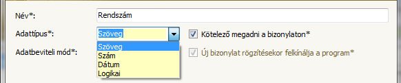 Adatbeviteli mód: Lenyitható menüből választható ki, hogy a jellemző értékadatainak megadási helyén (számla kiállítása során) az értékadat megadása Beírással, Legördülő mezőből kiválasztva, vagy