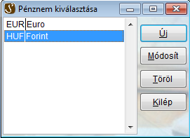 Formátum beállítások: Ezen menüpont alatt lehet pénznemeket felvenni, törölni,módosítani és a pénznemhez tartozó adatokat és számlaformátumot beállítani Pénznemet törölni csak akkor lehet, ha nem