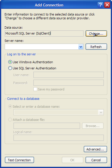 A Server Name sorba kell írnunk a számítógép azonosítóját és az SQL Server példányának nevét. Elöbbit megtudhatjuk, ha a parancssorba (Start/Futtatás cmd) beírjuk a hostname parancsot.