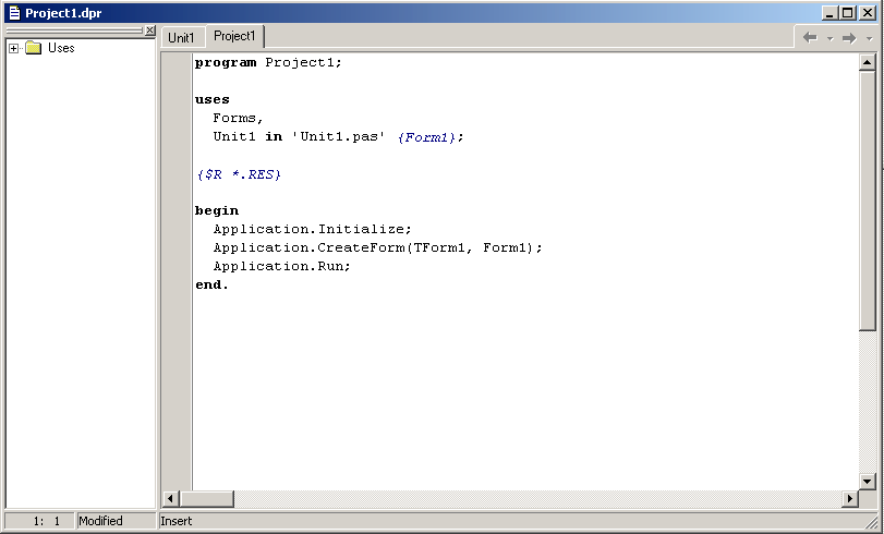 Delphi modul - 1. fejezet Az ablakban az eddig "megírt" Object Pascal nyelvű kódszöveget láthatjuk.