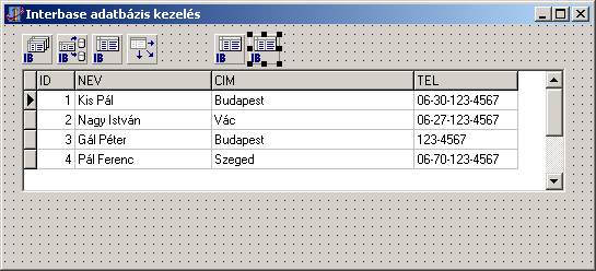 Delphi modul - 11. fejezet felépíteni kezelő felületünket. Egy egyszerű módszer segítségével itt oldjuk még meg a három táblához való közvetlen hozzáférést, mégpedig egyetlen Grid segítségével. 19.