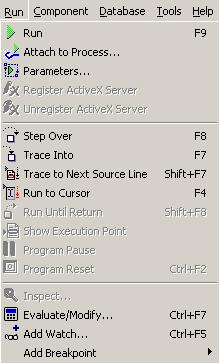 Delphi modul - 1. fejezet A Run menü Ebben a menüpontban a futással, futtatással kapcsolatos lehetőségeket találhatjuk meg. Run: Futtatja a programot.