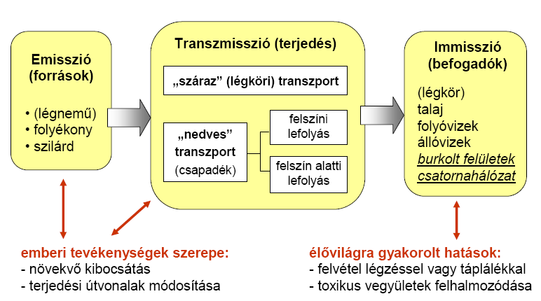 Szennyezőanyagok sorsa 4.2 ábra: A szennyezőanyagok sorsa A 4.2 ábrán végigkövethetjük a települési felületek szennyezőanyagainak útját a kibocsátástól a befogadóig.