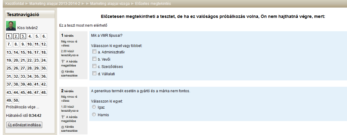 A tesztet beállítható többször megoldhatóként, mely során a kérdések keverednek, vagy adatbankból véletlenszerűen kerülnek az aktuális tesztbe. Megadható hozzá időkorlát is.