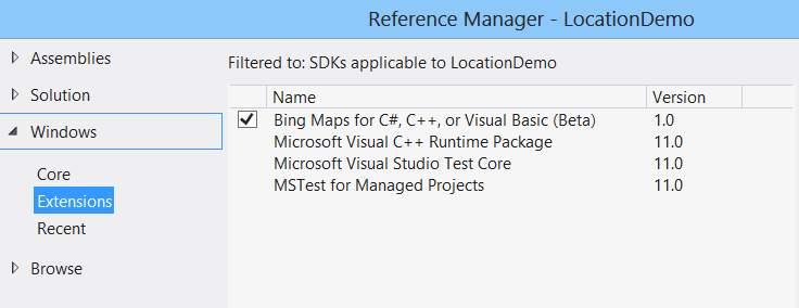 10. Haladó Windows 8 integrációs ismeretek 10-7 ábra: A Bing Maps SDK-hoz tartozó referenciák hozzáadása a projekthez A térképszolgáltatás használatához az alábbi kódban látható módosításokat kell