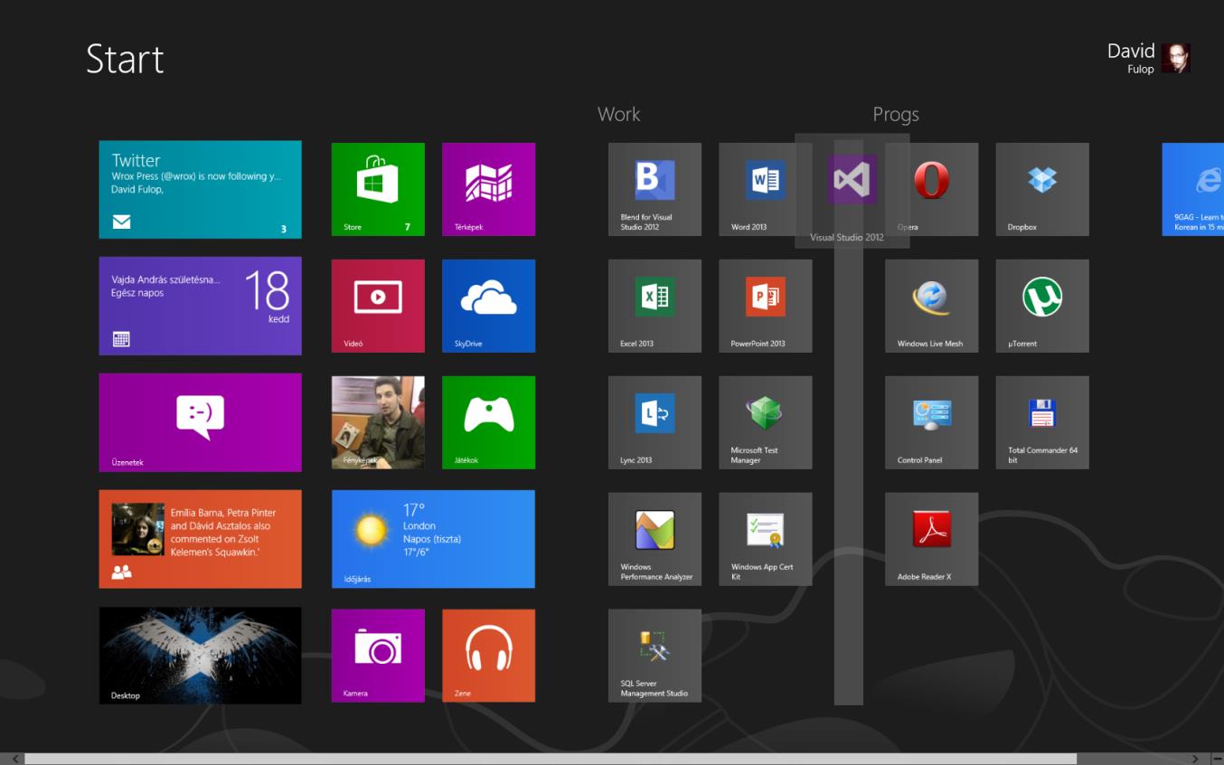 2. Bevezetés a Windows 8 használatába 2-5 ábra: Új csempecsoport létrehozása Ha a Start képernyőn a Ctrl nyomva tartása mellett húzzuk lefelé az egérgörgőt, vagy érintőképernyős eszköznél ha