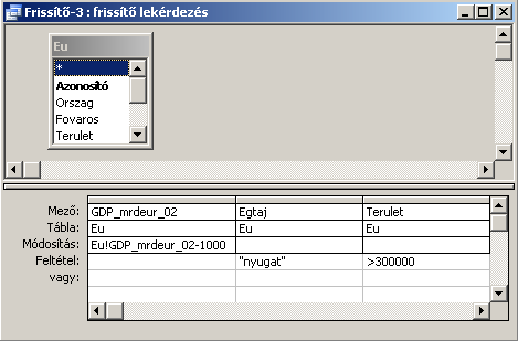 3. Készítsen frissítő lekérdezést, mely azon nyugati országok GDP-jét csökkenti 1000-el, melyek terülte nagyobb mint 300000!